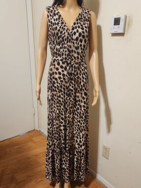 INC International Concepts Beige and Black Leopard Print Wrap Maxi Dress